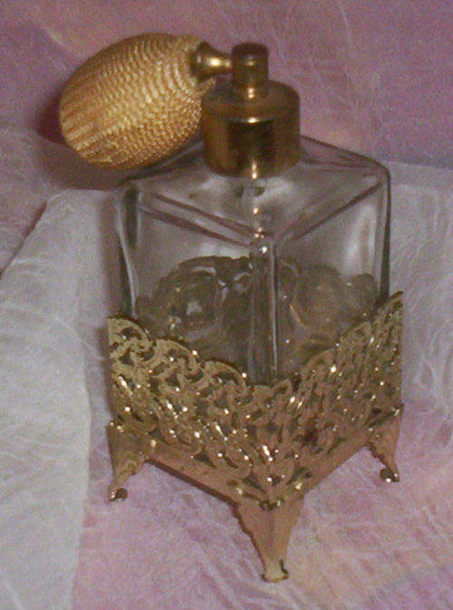 Very Old Glass Perfume Bottle in Detailed Silver Plated Holder