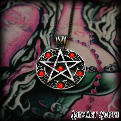 Pentagram Pendant Necklace with Red-Orange Gems