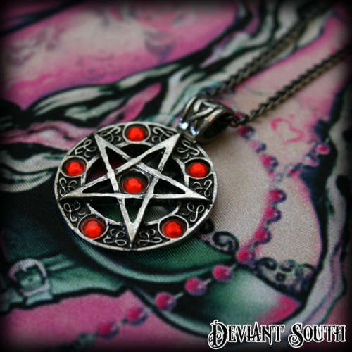 Pentagram Pendant Necklace with Red-Orange Gems