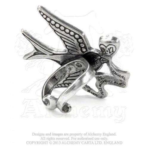 Last Chance! Alchemy Gothic ULFR4 Swallow Love Pewter Ring - UK Size: Q