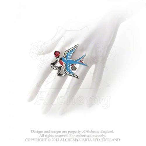 Last Chance! Alchemy Gothic ULFR4 Swallow Love Pewter Ring - UK Size: Q