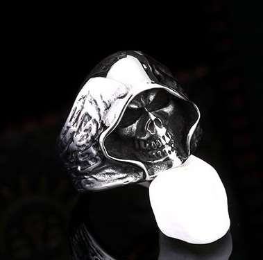 Stainless Steel Reaper Hooded Biker Skull Ring - Silver - Size 9 (US) | S (UK)