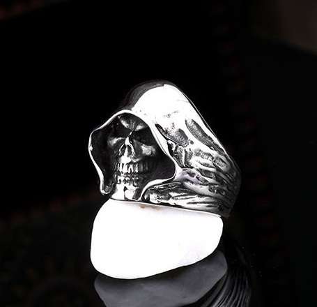 Stainless Steel Reaper Hooded Biker Skull Ring - Silver - Size 9 (US) | S (UK)