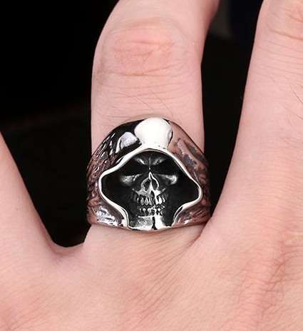 Stainless Steel Reaper Hooded Biker Skull Ring - Silver - Size 9 (US) | S (UK)