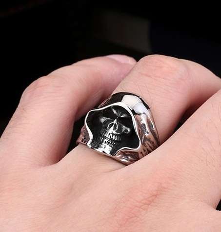 Stainless Steel Reaper Hooded Biker Skull Ring - Silver - Size 9 (US) | S (UK)