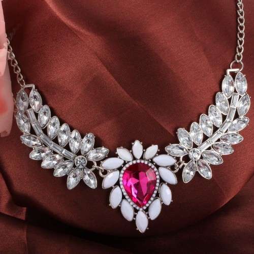 Water-drop-shape Pink Rhinestone Necklace