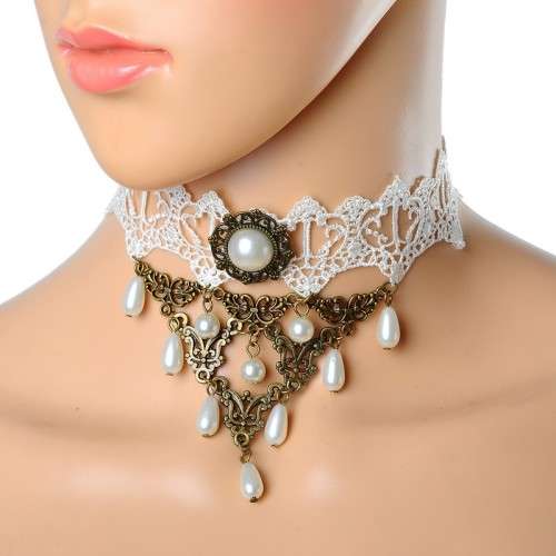 Retro Lace White Choker with Bronze Findings and White Bead Tassels