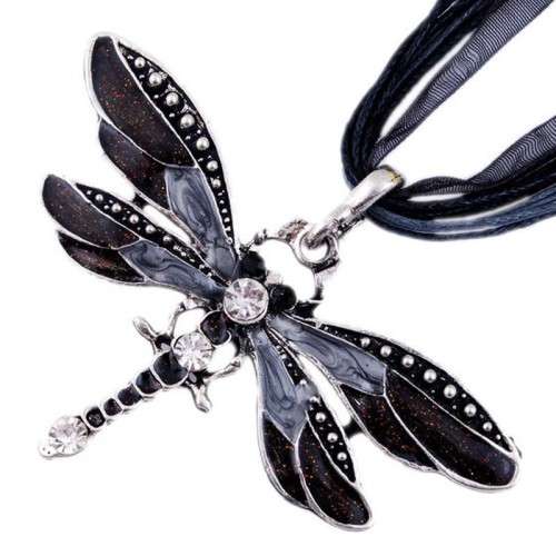 Dragonfly Rhinestone Necklace - Black