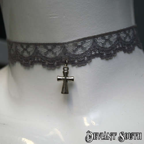 Grey Lace Choker with Cross Charm