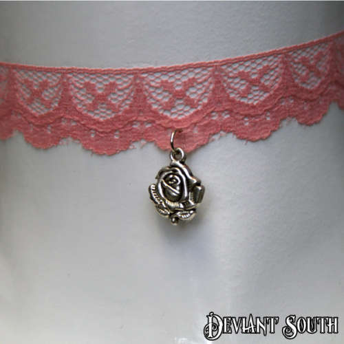 Pink Lace Choker with Rose Charm
