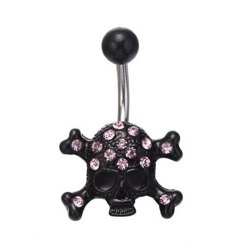 Stainless Steel Black Skull Belly Ring with Pink Rhinestones