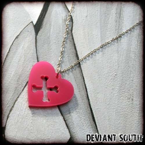 Deviant South Pink Acrylic Heart and Crossbones Necklace