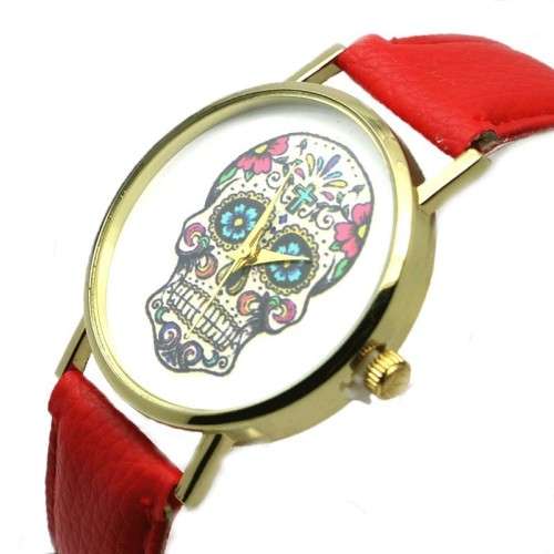 Sugar Skull Watch - Red Strap with Gold Face