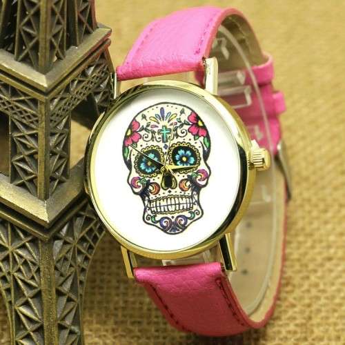 Sugar Skull Watch - Pink Strap with Gold Face