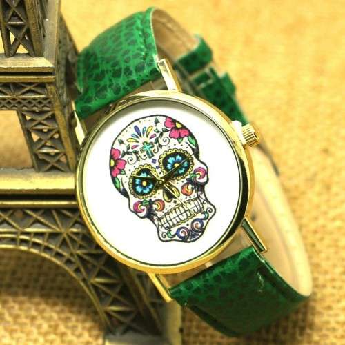 Sugar Skull Watch - Green Strap with Gold Face