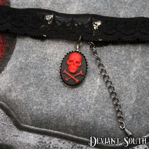 Black Lace Choker with Skull and Bones Cameo