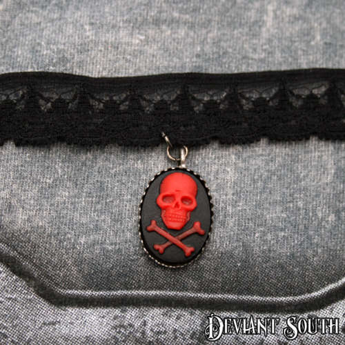 Black Lace Choker with Skull and Bones Cameo