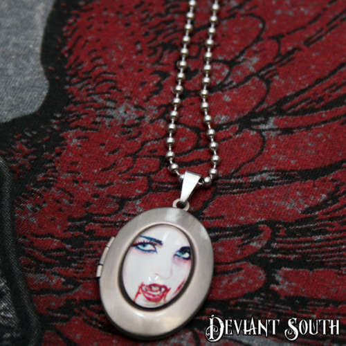 HAND CRAFTED - Deviant South Vampire Cabochon Locket on Silver Ball Chain