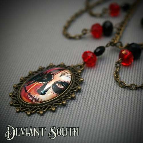 Sugar Skull Cabochon 18x25mm Bronze Necklace with Facetted Red Beads