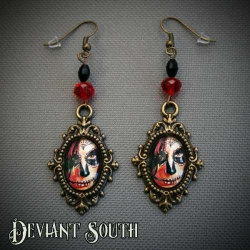 Deviant South Sugar Skull Bronze Earrings with Red Facetted Beads