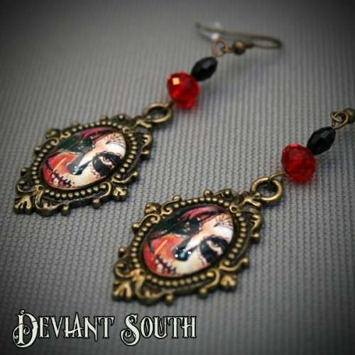 Deviant South Sugar Skull Bronze Earrings with Red Facetted Beads