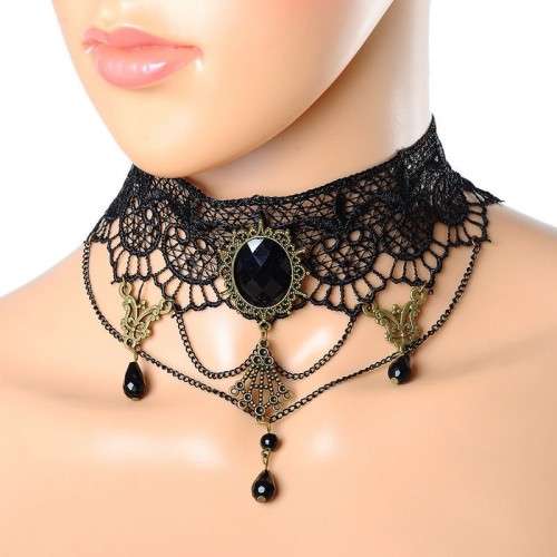 Gothic Black Lace Chain Choker with Faux Gemstone
