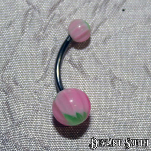 Belly Ring Acrylic - Green Leaf with Pink Stripes