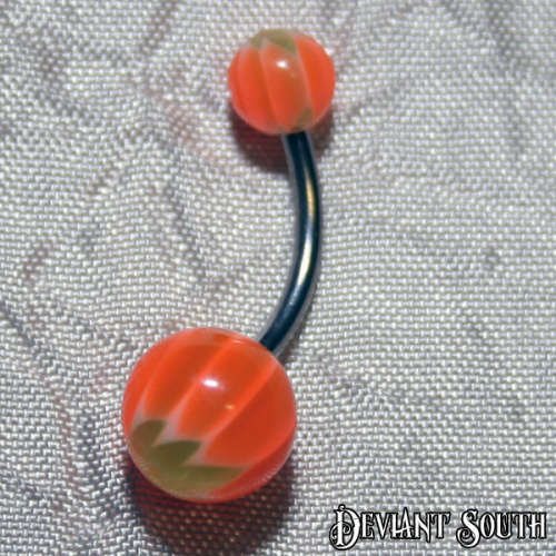 Belly Ring Acrylic - Green Leaf with Orange Stripes