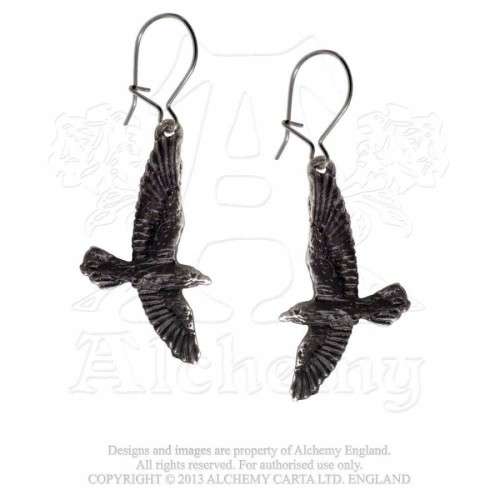 Alchemy Gothic E333 Black Raven Dropper Earrings (pair) -- Fine English Pewter