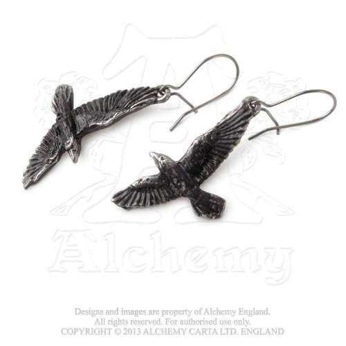 Alchemy Gothic E333 Black Raven Dropper Earrings (pair) -- Fine English Pewter