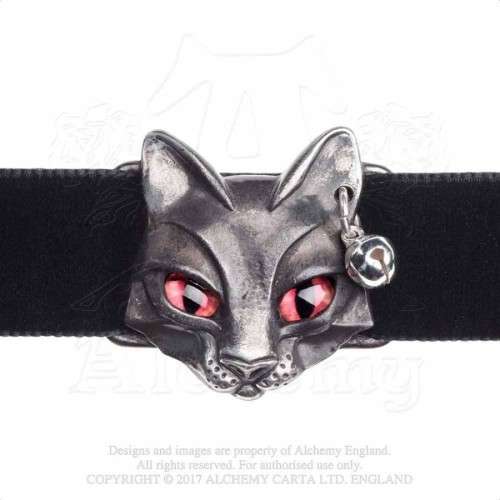 Alchemy Gothic P817 Bastet Goddess -- black cat red eyes tiny bell velvet ribbon choker