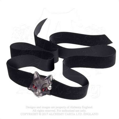 Alchemy Gothic P817 Bastet Goddess -- black cat red eyes tiny bell velvet ribbon choker