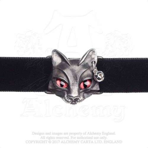 Alchemy Gothic P817 Bastet Goddess -- black cat red eyes tiny bell velvet ribbon choker