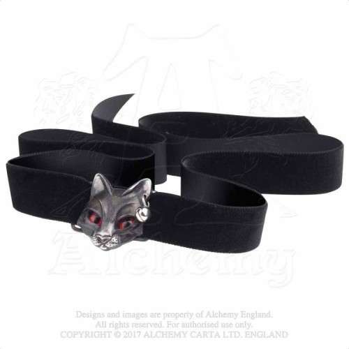 Alchemy Gothic P817 Bastet Goddess -- black cat red eyes tiny bell velvet ribbon choker