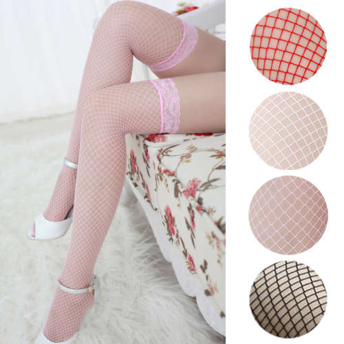 Fishnet Mesh Thigh High Stockings Pantyhose with Lace Trim - Size: SMALL / One Size - BLACK