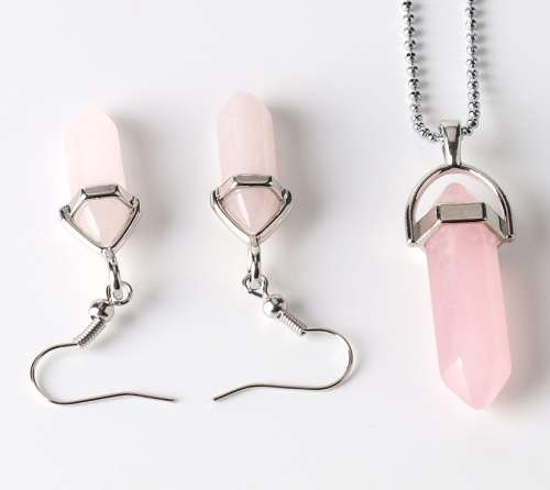 Natural Stone Necklace & Earrings Set - Rose Quartz