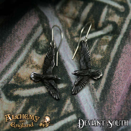 Alchemy Gothic E333 Black Raven Dropper Earrings (pair) -- Fine English Pewter