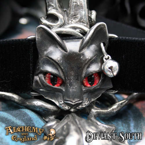 Alchemy Gothic P817 Bastet Goddess -- black cat red eyes tiny bell velvet ribbon choker
