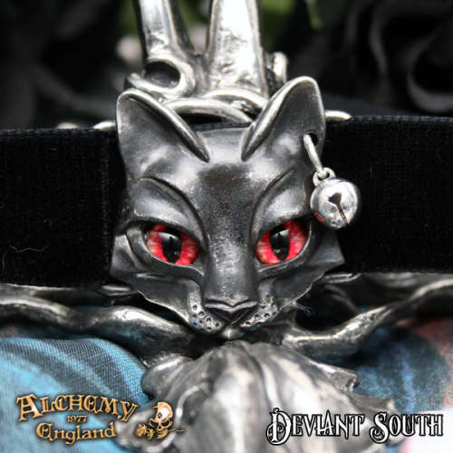 Alchemy Gothic P817 Bastet Goddess -- black cat red eyes tiny bell velvet ribbon choker