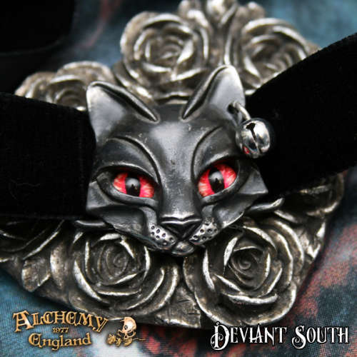 Alchemy Gothic P817 Bastet Goddess -- black cat red eyes tiny bell velvet ribbon choker