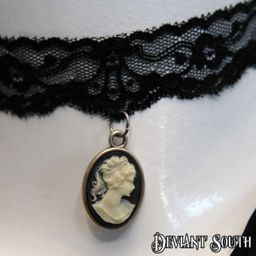 Deviant South Black Lace Choker with Lady Cameo (Facing Right)