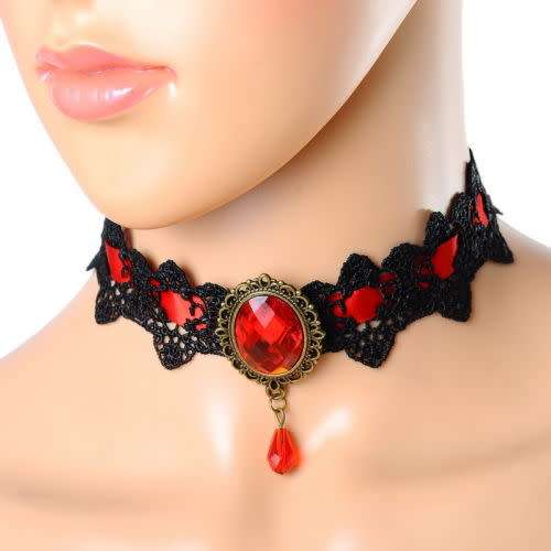 Gothic Lace Satin Ribbon Black Medium Cabochon Choker - Red