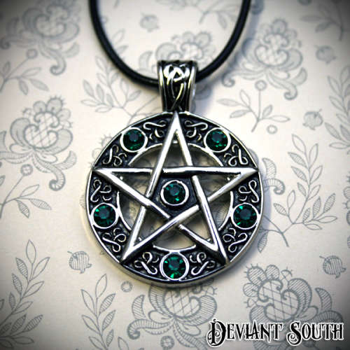 Stainless Steel Pentagram Necklace - Green Rhinestones