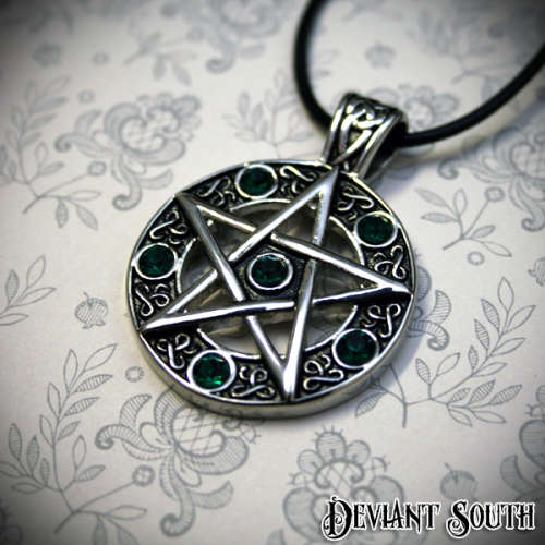 Stainless Steel Pentagram Necklace - Green Rhinestones
