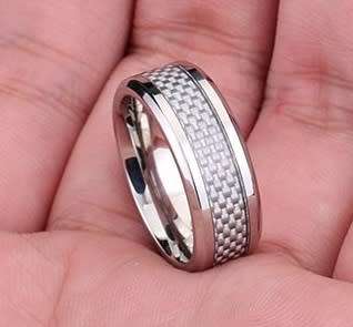 Stainless Steel Carbon Fiber Weave Inlay Band Ring - Size -6 (US) | N  (UK)