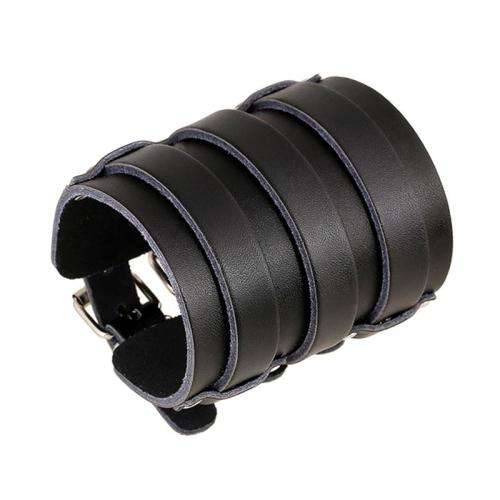 Wide Genuine Leather Unisex Wristband - Black - 3 Buckle