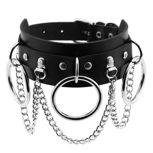 PU Leather 3 O-Ring Wide Choker Collar with Chains - Black
