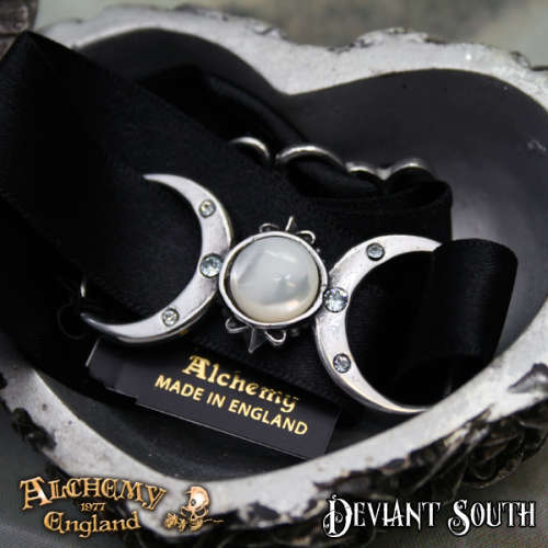 Alchemy Gothic P810 Triple Goddess -- Mother of Pearl full moon six blue Swarovski black satin choke
