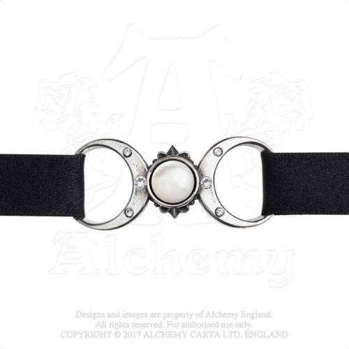 Alchemy Gothic P810 Triple Goddess -- Mother of Pearl full moon six blue Swarovski black satin choke