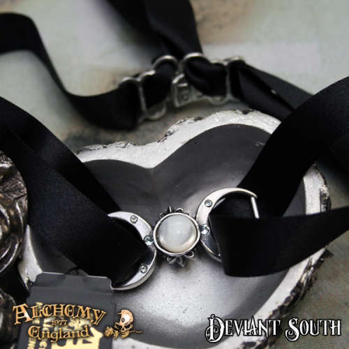 Alchemy Gothic P810 Triple Goddess -- Mother of Pearl full moon six blue Swarovski black satin choke